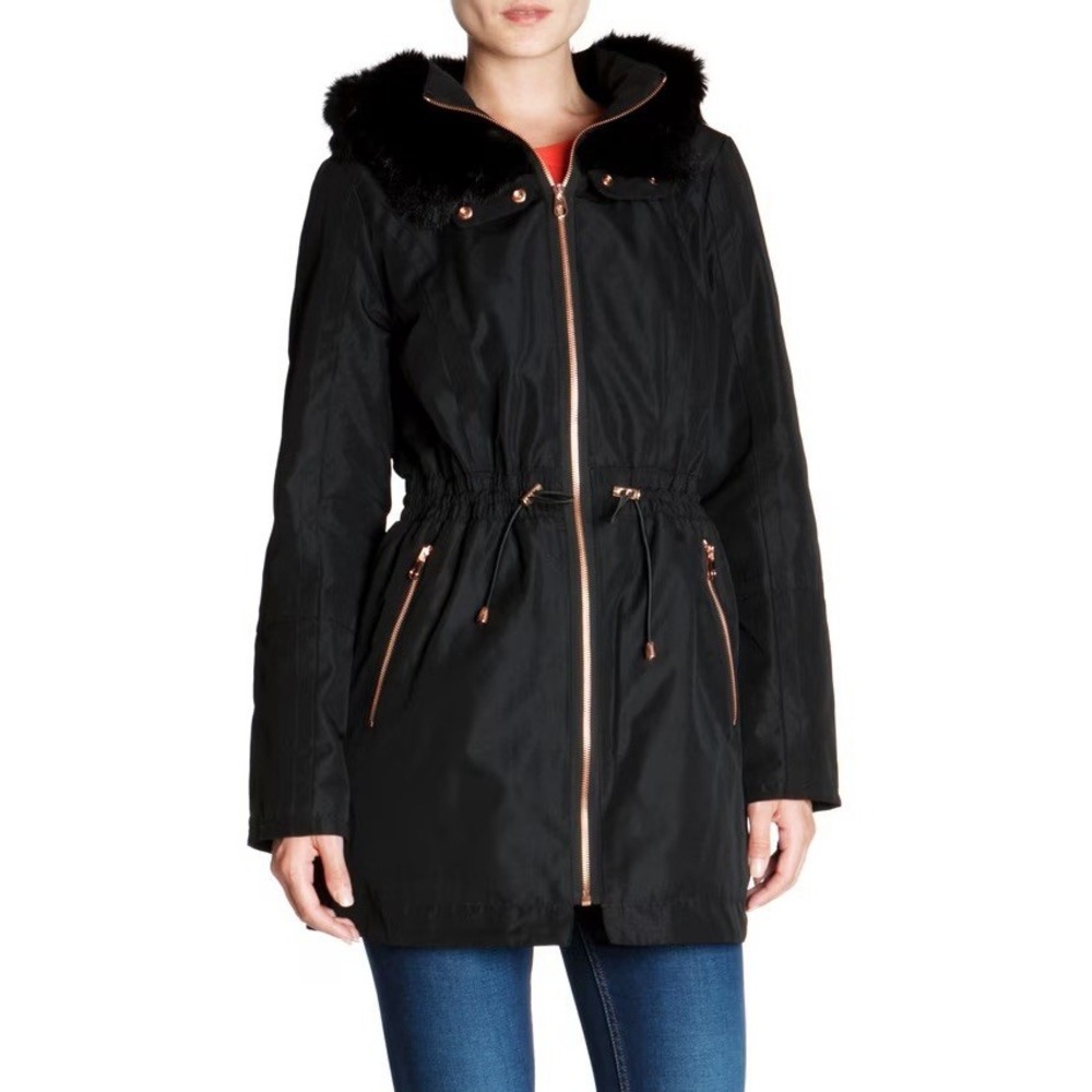 Ted Baker Womens Black Parka Jacket Hooded Rose Gold Hardware RUYE Sz 2